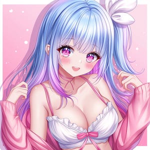 May include: Anime-style illustration of a smiling character with blue and purple hair, large pink eyes, and rosy cheeks. The character wears a white top with a pink bow and a pink jacket.