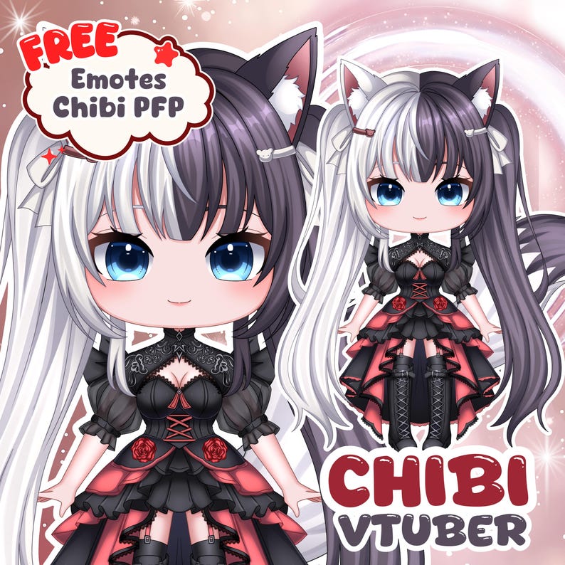 May include: Digital illustration of two chibi characters with split white and black hair, blue eyes, and cat ears. They wear black and red dresses with rose accents and lace-up boots. Text reads FREE Emotes Chibi PFP and CHIBI VTUBER.