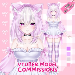 May include: A digital illustration of a character with light purple hair and cat ears, wearing a white off-the-shoulder dress with pink bows. The character has purple eyes and a black choker. Text reads VTUBER MODEL COMMISSIONS and FREE Eye Banner.