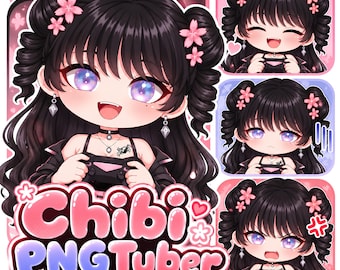 May include: A digital illustration of a chibi character with long black hair styled in twin tails adorned with pink cherry blossoms. The character has purple eyes, a black choker, and a black outfit. The text Chibi PNGTuber is displayed.