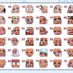 May include: A digital sticker sheet featuring thirty-six individual cartoon character expressions labeled with numbers 37 through 72. Each square icon displays a unique facial emotion, including laughing, crying, eating, and various hand gestures.