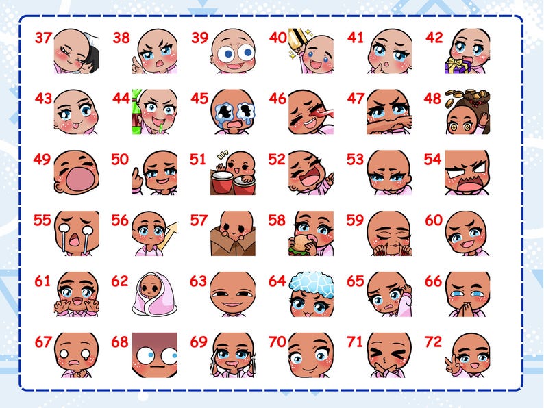 May include: A digital sticker sheet featuring thirty-six individual cartoon character expressions labeled with numbers 37 through 72. Each square icon displays a unique facial emotion, including laughing, crying, eating, and various hand gestures.