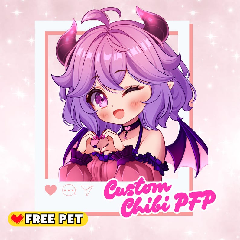 May include: A digital illustration of a chibi character with purple hair, horns, and wings, winking and making a heart shape with their hands. The image includes the text "Custom Chibi PFP" and "FREE PET". The background is pink.