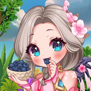 May include: An anime-style illustration of a girl with silver hair and large blue eyes, adorned with pink flowers. She holds a bowl of blueberries and is eating one. The background features green foliage and a blue sky.