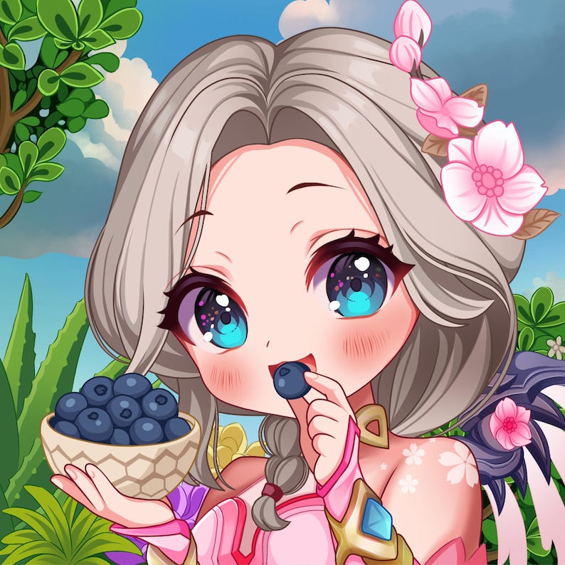 May include: An anime-style illustration of a girl with silver hair and large blue eyes, adorned with pink flowers. She holds a bowl of blueberries and is eating one. The background features green foliage and a blue sky.