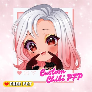 May include: A digital illustration of a chibi character with white and pink hair, red eyes, and rosy cheeks. The image includes the text "Custom Chibi PFP" in pink and "FREE PET" in yellow.