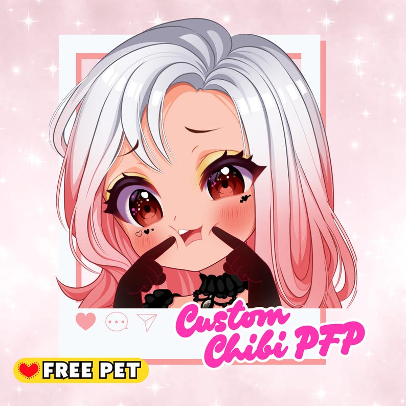 May include: A digital illustration of a chibi character with white and pink hair, red eyes, and rosy cheeks. The image includes the text "Custom Chibi PFP" in pink and "FREE PET" in yellow.