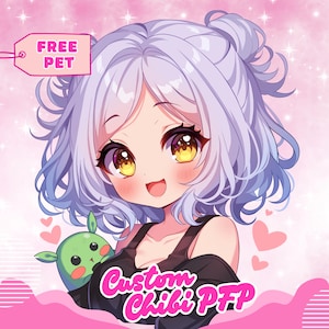 Può includere: Un'illustrazione digitale in stile anime di un personaggio con capelli corti, ondulati e color lavanda raccolti in due chignon, grandi occhi dorati e un top nero. Una piccola creatura verde è sulla spalla. Testo: FREE PET e Custom Chibi PFP.