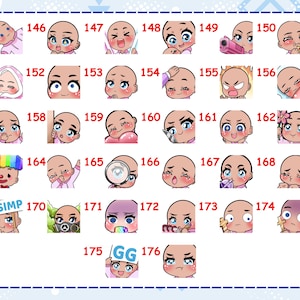 May include: A collection of thirty-two digital chibi-style character stickers numbered 145 through 176, featuring various facial expressions, poses, and accessories including a pink gun, a pizza slice, a clown wig, a magnifying glass, and signs reading SIMP and GG.