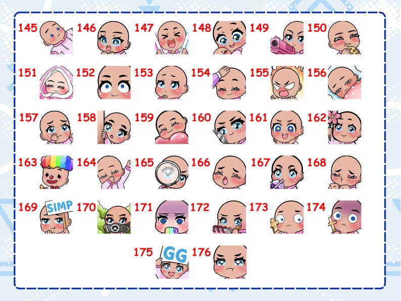 May include: A collection of thirty-two digital chibi-style character stickers numbered 145 through 176, featuring various facial expressions, poses, and accessories including a pink gun, a pizza slice, a clown wig, a magnifying glass, and signs reading SIMP and GG.