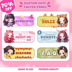 Könnte beinhalten: Ein Set von benutzerdefinierten, niedlichen Twitch-Panels mit rosa Thema. Jedes Panel zeigt einen Cartoon-Charakter und Text wie "Subscribe", "Rules", "About Me", "Donate", "Discord" und "F.A.Q". Die Panels sind mit "Ready to Use" und "Premium Quality" gekennzeichnet.