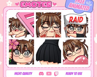 Könnte beinhalten: Eine digitale Anzeige von benutzerdefinierten Twitch-Emotes mit einer Figur mit braunen Haaren und Brille in verschiedenen Posen, darunter das Halten eines rosa Buchstabens F, einer weißen Raid-Flagge, einer Blume und eines Herzens. Text: CUSTOM TWITCH EMOTES.