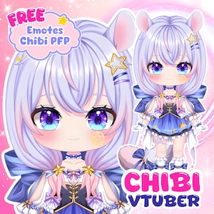 May include: A digital illustration of a chibi character with light purple hair, large purple eyes, and animal ears. The character wears a blue and white outfit with star accents. Text reads FREE Emotes Chibi PFP and CHIBI VTUBER in pink and blue.