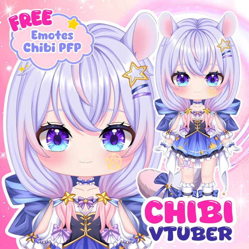 May include: A digital illustration of a chibi character with light purple hair, large purple eyes, and animal ears. The character wears a blue and white outfit with star accents. Text reads FREE Emotes Chibi PFP and CHIBI VTUBER in pink and blue.