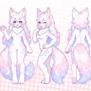 May include: A digital character reference sheet for a creature named Seluna, featuring three full-body views, two headshots, paw pad details, a tail close-up, and a color palette. The character has white fur with pastel pink and blue accents.