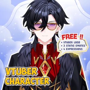 May include: A digital illustration of a VTuber character with black hair, purple-tinted glasses, and a red and black outfit. The image includes text that says "VTUBER CHARACTER" and "FREE!!" with a list of included items.