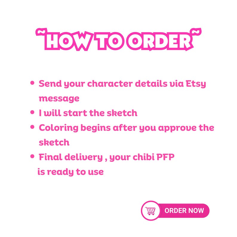 May include: A white background with pink text that reads "HOW TO ORDER". Bullet points detail the ordering process: send character details, sketch begins, coloring after approval, and final delivery. A pink "ORDER NOW" button is at the bottom.