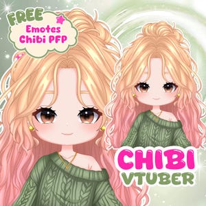May include: A digital illustration of a chibi character with long wavy blonde hair, wearing a green cable-knit sweater and gold earrings. The image includes text that reads FREE Emotes Chibi PFP and CHIBI VTUBER in pink and green lettering.