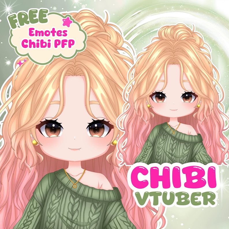 May include: A digital illustration of a chibi character with long wavy blonde hair, wearing a green cable-knit sweater and gold earrings. The image includes text that reads FREE Emotes Chibi PFP and CHIBI VTUBER in pink and green lettering.