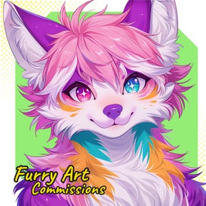 May include: A colorful digital illustration of a furry character with pink and purple fur, and heterochromatic eyes. The character has a friendly expression. The text "Furry Art Commissions" is at the bottom of the image.