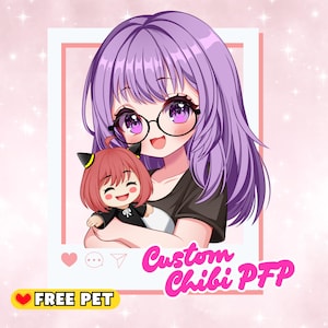 May include: An anime-style illustration of a character with purple hair, glasses, and a black shirt, holding a chibi doll. The image has the text "Custom Chibi PFP" and "FREE PET". The background is pink with white sparkles.