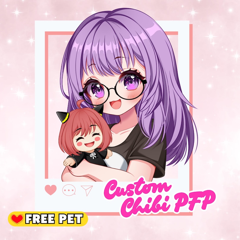 May include: An anime-style illustration of a character with purple hair, glasses, and a black shirt, holding a chibi doll. The image has the text "Custom Chibi PFP" and "FREE PET". The background is pink with white sparkles.
