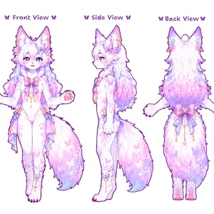 以下が含まれることがあります： 白、ピンク、青の毛並みを持つ擬人化されたキャラクター、Zefraのキャラクターリファレンスシート。正面、側面、背面の図に加え、目、肉球、尻尾、耳、模様、カラーパレットの詳細なクローズアップが表示されています。