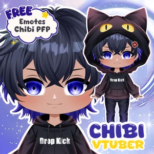 May include: A digital illustration of a chibi character with dark hair featuring blue tips, wearing a black hoodie with the text Drop Kick and a black cat-ear hood. The image includes the text FREE Emotes Chibi PFP and CHIBI VTUBER.