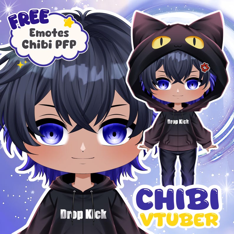 May include: A digital illustration of a chibi character with dark hair featuring blue tips, wearing a black hoodie with the text Drop Kick and a black cat-ear hood. The image includes the text FREE Emotes Chibi PFP and CHIBI VTUBER.