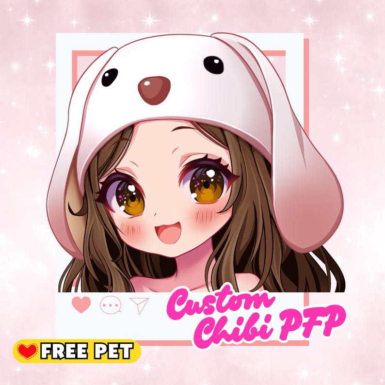 May include: An anime-style illustration of a smiling character wearing a white bunny hat. The character has large, expressive eyes and brown hair. Text includes "Custom Chibi PFP" and "FREE PET" on a pink background.