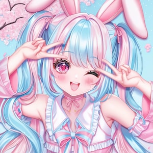 May include: Anime-style illustration of a smiling character with pink and blue hair, bunny ears, and a pink outfit. The character is making a peace sign with both hands, winking, and has pink eyes.