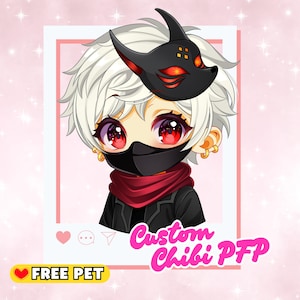 May include: A custom chibi profile picture (PFP) illustration. The character has white hair, red eyes, and wears a black mask, scarf, and jacket. A black fox mask with red accents sits atop the head. Text includes "Custom Chibi PFP" and "FREE PET".