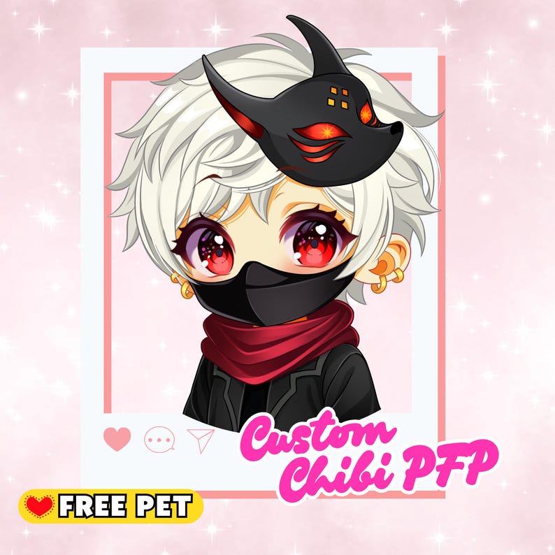 May include: A custom chibi profile picture (PFP) illustration. The character has white hair, red eyes, and wears a black mask, scarf, and jacket. A black fox mask with red accents sits atop the head. Text includes "Custom Chibi PFP" and "FREE PET".