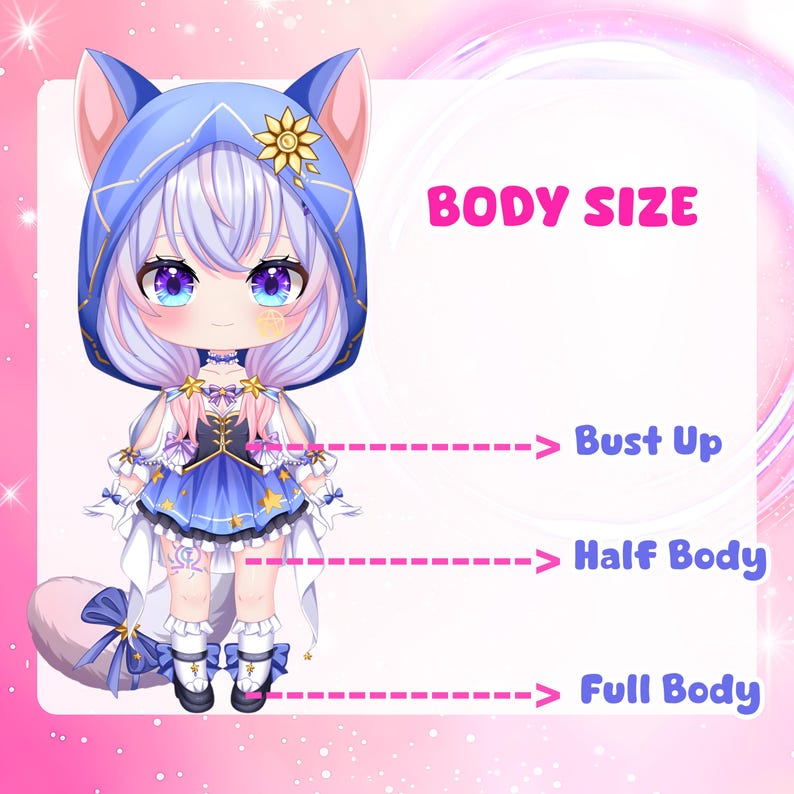 May include: A digital illustration of a chibi character with cat ears wearing a blue hooded outfit with star accents. The text BODY SIZE is at the top, with dashed lines pointing to Bust Up, Half Body, and Full Body labels on the right side.