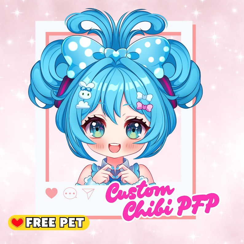 May include: A digital illustration of a chibi character with light blue hair and a large bow with white polka dots. The character has large, expressive eyes and a smiling expression. Text reads "Custom Chibi PFP" and "FREE PET".
