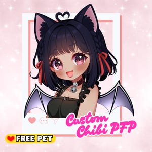 May include: A digital illustration of a chibi character with black hair and cat ears. The character has pink eyes and is wearing a black outfit with bat wings. Text includes "Custom Chibi PFP" and "FREE PET". The background is pink with white sparkles.