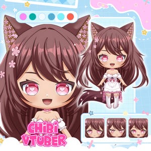 May include: A digital illustration of a chibi character with brown hair, cat ears featuring pink cherry blossom patterns, and heart-shaped pupils. The character wears a white dress and is shown in multiple expressions, with the text CHIBI VTUBER.