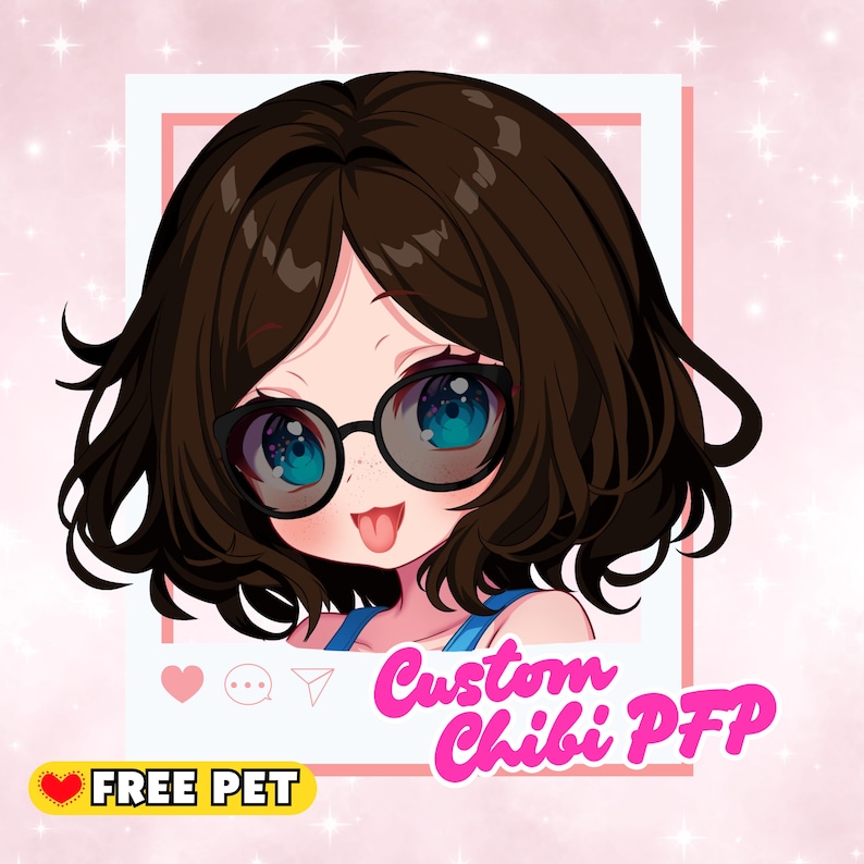 May include: A digital illustration of a custom chibi profile picture (PFP). The character has brown hair, glasses, and blue eyes. The text "Custom Chibi PFP" is displayed in pink, with "FREE PET" in a yellow banner.