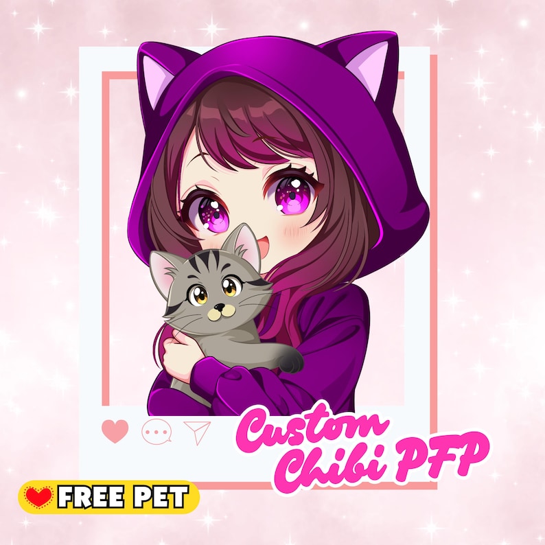 May include: An anime-style illustration of a girl wearing a purple hoodie with cat ears, holding a gray tabby cat. The image is framed within a pink border, with text that reads "Custom Chibi PFP" and "FREE PET".