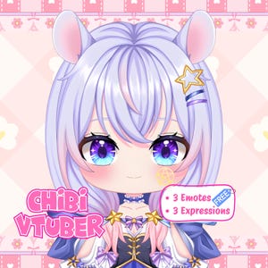 May include: A digital illustration of a chibi VTuber character with light purple hair, blue eyes, and mouse ears. The character wears a blue and black outfit with star accents. Text on the image reads "Chibi VTuber" and "3 Emotes, 3 Expressions FREE".