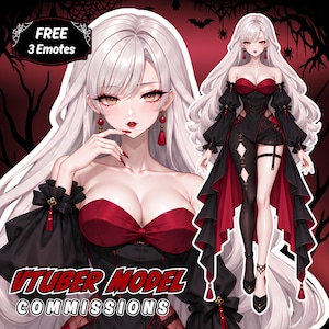 May include: A digital illustration of a character with long white hair, wearing a black and red strapless outfit with long sleeves. The text reads FREE 3 Emotes, VTUBER MODEL, and COMMISSIONS. The character has red earrings and red nail polish.