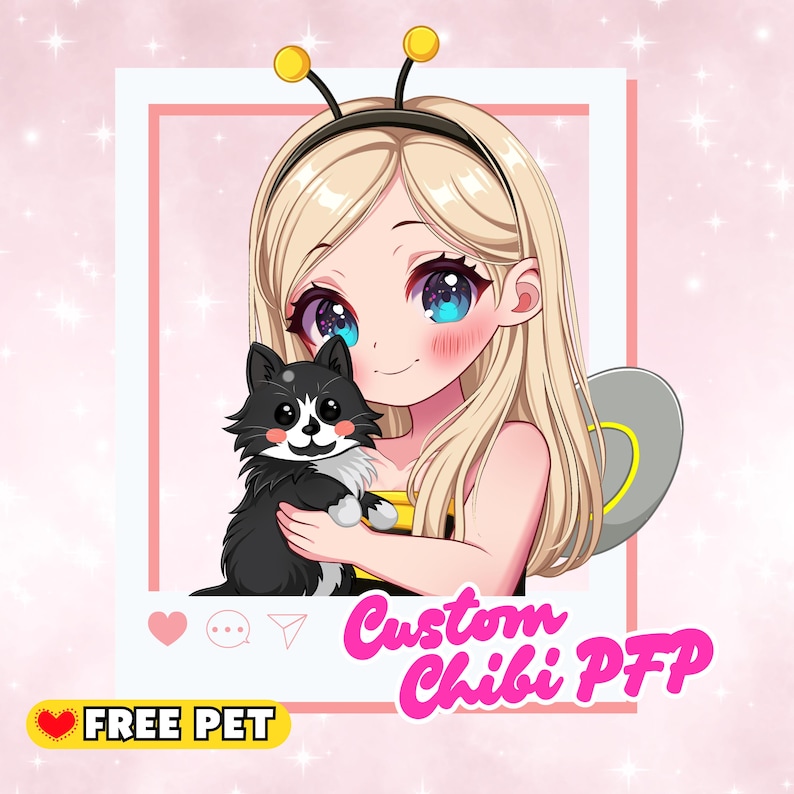 May include: An illustration of a blonde anime-style character with blue eyes, wearing a bee-themed headband and holding a black and white cat. The image is framed within a pink border, with the text "Custom Chibi PFP" and "FREE PET" displayed.