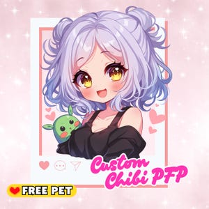 May include: Digital illustration of a cute anime-style character with lavender hair and large yellow eyes, holding a green plushie. The image includes the text "Custom Chibi PFP" and "FREE PET" on a pink background with hearts.