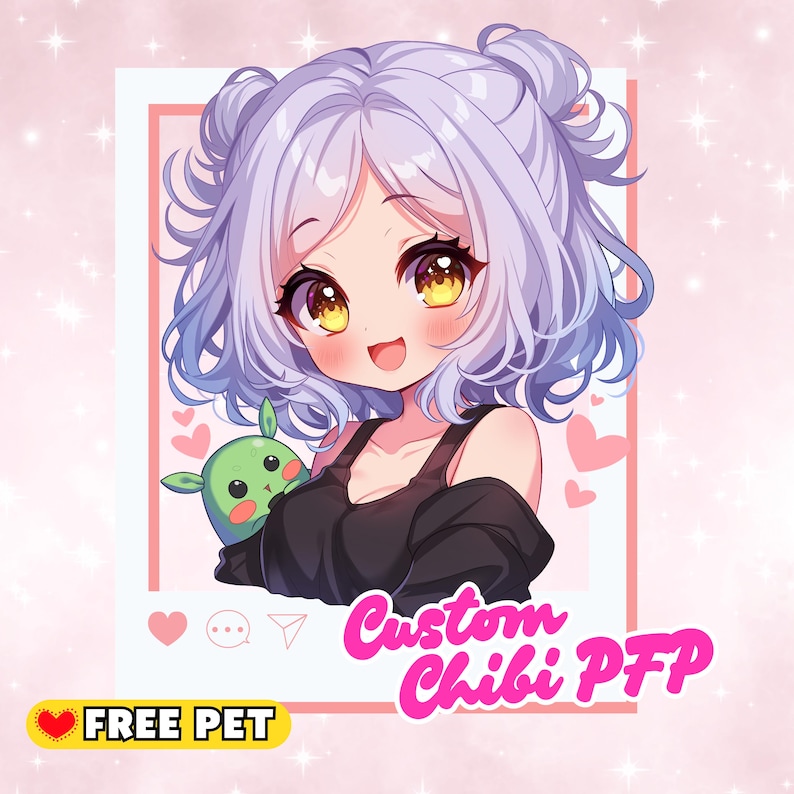 May include: Digital illustration of a cute anime-style character with lavender hair and large yellow eyes, holding a green plushie. The image includes the text "Custom Chibi PFP" and "FREE PET" on a pink background with hearts.