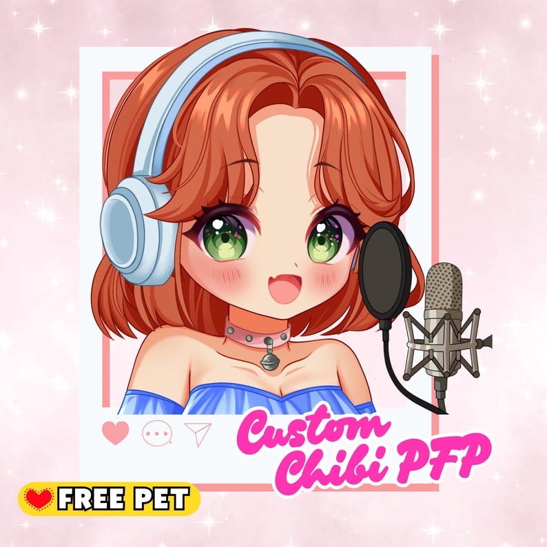 May include: A digital illustration of a chibi character with red hair, green eyes, and headphones. The character is wearing a blue top and a pink collar with a bell. A microphone is positioned to the right. Text reads "Custom Chibi PFP" and "FREE PET".