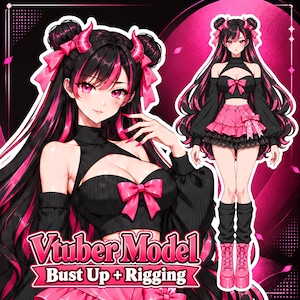May include: An anime-style character with long black hair featuring bright pink streaks, pink horns, and pink eyes. The character wears a black cropped top with a pink bow, a pink skirt, and pink platform boots. Text reads: Vtuber Model Bust Up + Rigging.