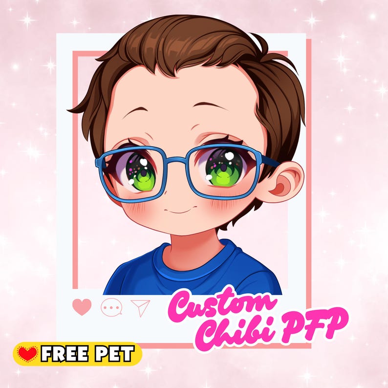May include: A digital illustration of a chibi character with brown hair and blue glasses. The character has large green eyes and is wearing a blue shirt. Text includes "Custom Chibi PFP" and "FREE PET". The image is set against a pink background.