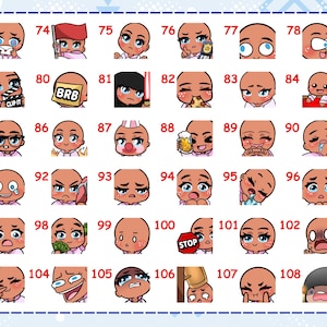 May include: A digital sticker sheet featuring thirty-six individual cartoon character heads numbered 73 through 108. Each character displays a unique facial expression, gesture, or accessory, including items like a flag, clapperboard, beer mug, and signs.