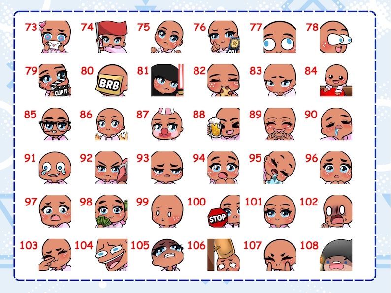 May include: A digital sticker sheet featuring thirty-six individual cartoon character heads numbered 73 through 108. Each character displays a unique facial expression, gesture, or accessory, including items like a flag, clapperboard, beer mug, and signs.