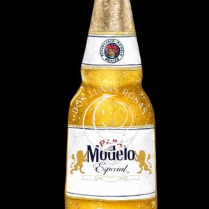 May include: A watercolor illustration of a Modelo Especial beer bottle. The bottle is golden yellow with a white label featuring the brand name and a crest. The bottle cap is silver, and the background is black.